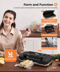 Woman using 95Kpa Vacuum Sealer Machine With Full Auto Operation And Double Heat Seal Built In Cutter Easy Lock Handle Bag Storage Includes One Bag Roll And Ten Pre Cut Bags A Beast Of A Sealer For Dry Moist And Liquid Foods, with corn sealed on the counter.