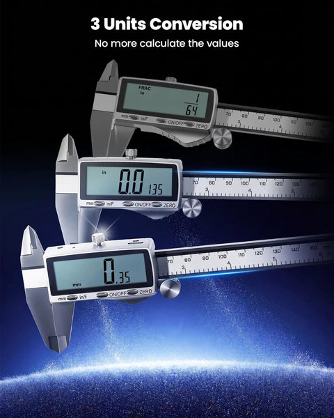 HARDELL Digital Caliper, 6" Rechargeable Calipers with Large LCD Screen displaying three unit conversions.
