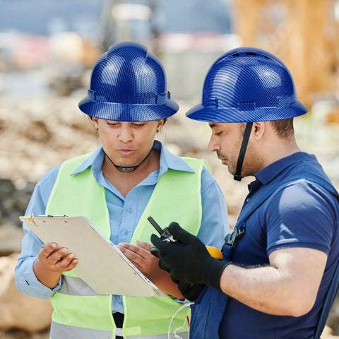 Workers wearing Full Brim Hard Hat For Construction Crews, OSHA Safety Helmet, Lightweight HDPE, Brilliant Blue on site