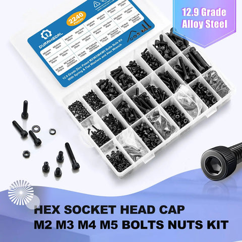 2240 Piece Metric Screw Kit M2 To M5 With 12.9 Grade Alloy Steel Hex Socket Bolts And Machine Screws Black Zinc Plated