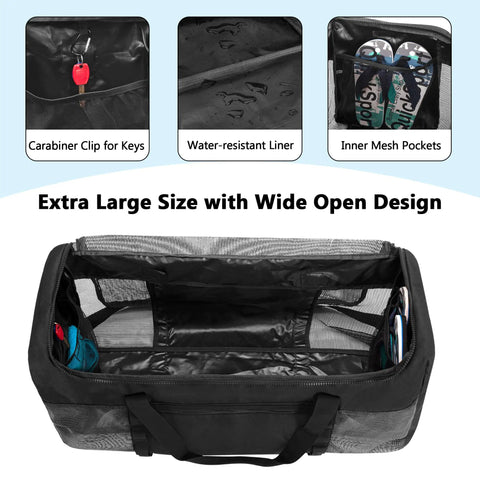 Extra Large Mesh Dive Duffel Bag for Scuba Gear and Beach Essentials with key clip and mesh pockets, 29.5 x 11.8 x 13.8 inches, Black