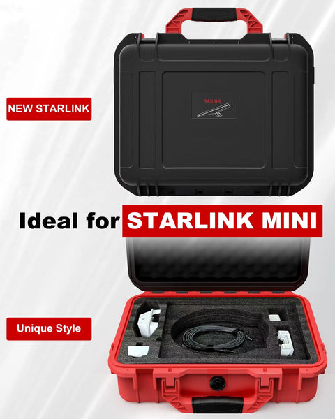 Road Trip Ready Waterproof Hard Case For Starlink Mini Kit open showing custom foam fit interior for accessories, red black.