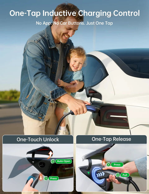 Heavy Duty Level 2 Electric Vehicle Charger With 32 Amp Power And A No Fuss Nema 14 50 Plug For Smooth Tesla Juice Up Routines Right In Your Garage At Home, showing one-tap inductive charging control.
