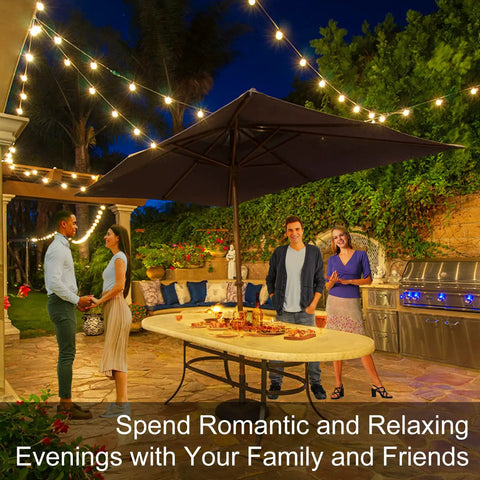 Outdoor patio setting with people under 50Ft Outdoor Patio String Lights With G40 LED Globe Bulbs Waterproof UL Listed Connectable.