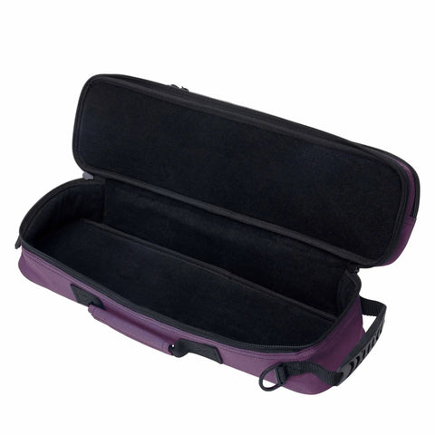 Rugged Slick Flute Case Cover For Large Molded Instruments Built Different With Heavy Duty 600D Nylon Purple Exterior, open view.