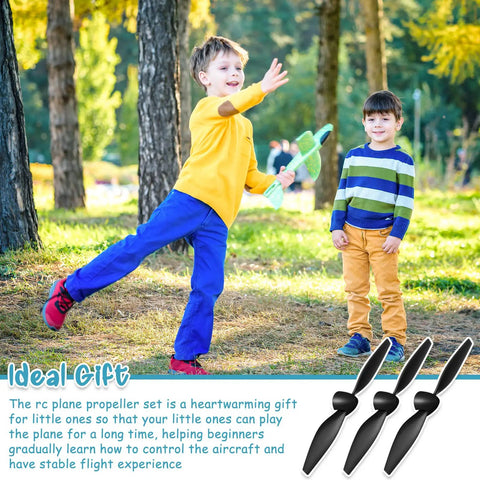 Children playing outdoors with a Three Piece Spare RC Plane Propeller Kit With Carbon Fiber Nose Cone And Adapters For TR C285G And TR C385 Four Channel Remote Control Airplane Includes Propeller Savers in foreground.