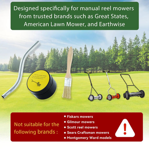 Reel Lawn Mower Sharpening Kit SK-1 For Manual Reel Mower with crank tool, brush, and compound, displayed with reel mowers.