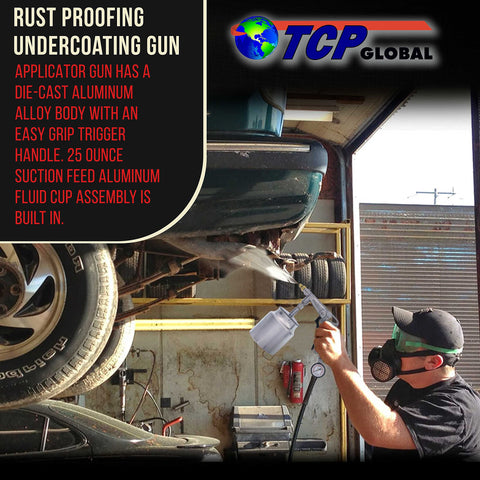 Technician using Undercoating Spray Gun With Gauge And Suction Cup, 22 Inch Flexible Extension Wand for rust proofing under car