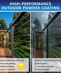 Heavy Duty Four Pack Deck Cable Railing Kit With 164 Foot Stainless Wire Rope Invisible Connectors Complete Hardware showcasing T304 stainless steel and powder coating.