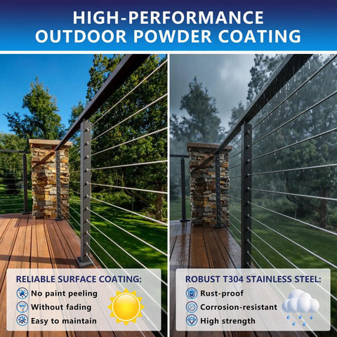Heavy Duty Four Pack Deck Cable Railing Kit With 164 Foot Stainless Wire Rope Invisible Connectors Complete Hardware showcasing T304 stainless steel and powder coating.