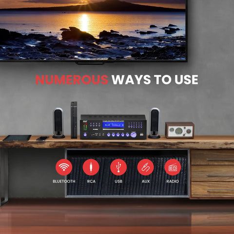 Four Channel 1000W Bluetooth Power Amplifier With Built In CD DVD Player FM Radio USB A Headphone Jack And Echo Effects on wooden shelf