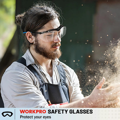Person wearing Two Pack Safety Glasses With Anti Fog Coating And Adjustable Temples For Outdoor Work ANSI Z87.1 in carpentry