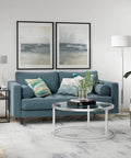 Two Light Floor Lamp With Fabric Shade In Cool Gray And Polished Nickel For Home Office Bedroom And Living Room 61 Inch Tall Modern Floor Lamp Perfect For Reading Nooks And Sofas next to a blue sofa