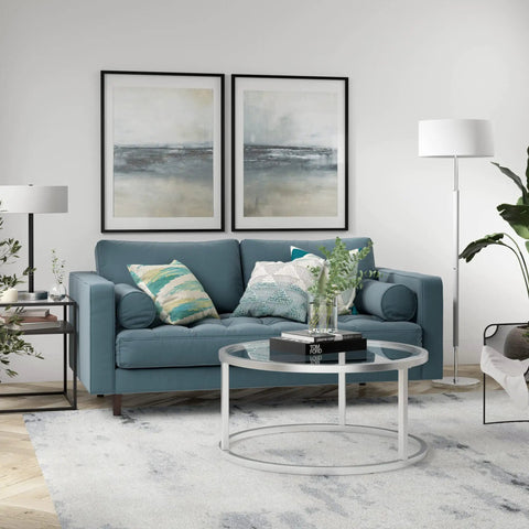 Two Light Floor Lamp With Fabric Shade In Cool Gray And Polished Nickel For Home Office Bedroom And Living Room 61 Inch Tall Modern Floor Lamp Perfect For Reading Nooks And Sofas next to a blue sofa