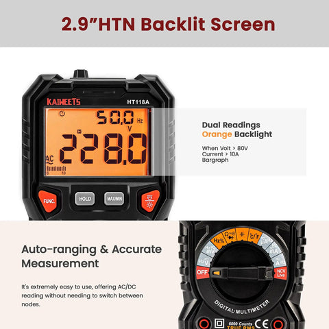 Digital Multimeter TRMS 6000 Counts Auto Ranging Voltmeter with 2.9-inch HTN Backlit Screen and dual readings display.