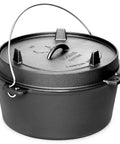 Pre Seasoned Cast Iron Camping Dutch Oven 6 Quart With Lid And Tripod Stand For Outdoor Cooking Great For Slow Braise Stews And Beefy Hearty Family Dinners showcasing the lid and handle.