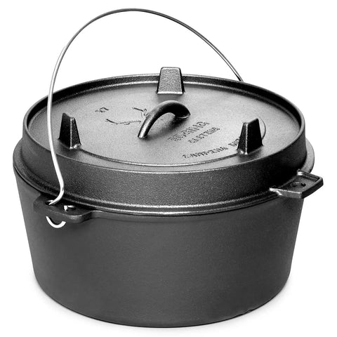 Pre Seasoned Cast Iron Camping Dutch Oven 6 Quart With Lid And Tripod Stand For Outdoor Cooking Great For Slow Braise Stews And Beefy Hearty Family Dinners showcasing the lid and handle.