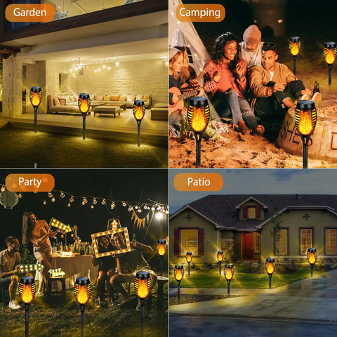 Outdoor Solar Torch Lights 6 Pack With Flickering Flame illuminating garden, patio, camping site, and party settings at night