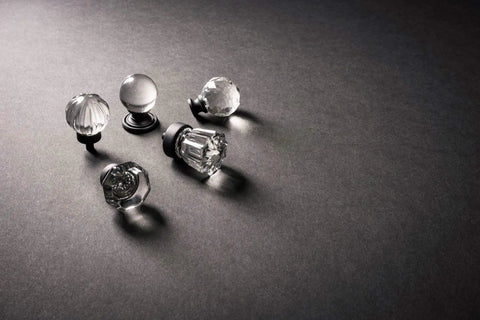 Ridged Glass Knob With Chrome Finish, Luster Style 1 5 16 Inch Wide Cabinet Knob Set Of 7, displayed on dark background.