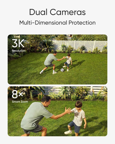 Dual-Lens 360 Coverage Outdoor Floodlight Security Cam With Pan And Tilt AI Detection And Tracking 8x Hybrid Zoom 2K And 3K Resolution 24 Seven Recording No Monthly Fee Wired Dual-Band WiFi 6 2000 Lumen showing 3K resolution and 8x zoom features over a backyard soccer game