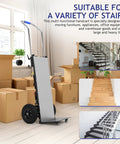 Top Tier Electric Stair Climbing Dolly For Heavy Duty Moving With 880 Lbs Capacity, 1200W Motor And Foldable Design in a warehouse setting.