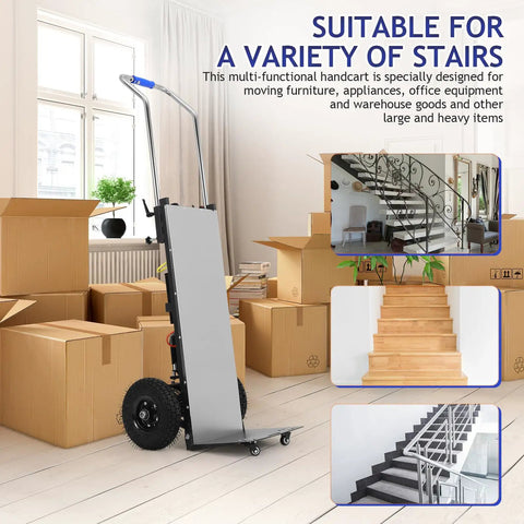 Top Tier Electric Stair Climbing Dolly For Heavy Duty Moving With 880 Lbs Capacity, 1200W Motor And Foldable Design in a warehouse setting.