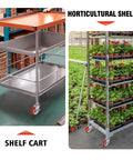 Shelf cart and horticultural shelves on heavy duty stem casters with brakes swivel wheels in warehouse and greenhouse.