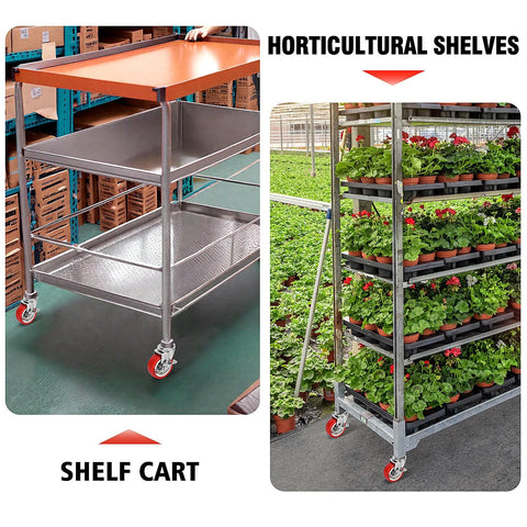 Shelf cart and horticultural shelves on heavy duty stem casters with brakes swivel wheels in warehouse and greenhouse.