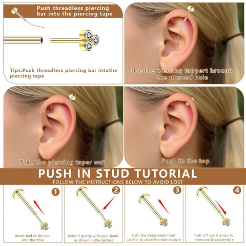 15Pcs Go To Body Jewelry Set Flat Back Push In Stud Earrings 20G 18G 16G 316L Surgical Stainless Threadless Nose Rings Medusa Piercing Jewelry Hypoallergenic Labret Studs Lip Rings Gold Tone With Ball Grabber Tool For Women And Men. Gold push-in ear piercing tutorial