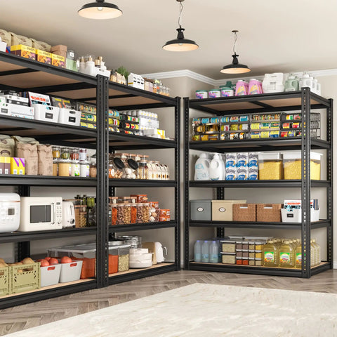 Beefy 5-Tier Garage Shelving Unit, 72-Inch Tall, Adjustable Steel Racks With 2,200 Lb Total Capacity, Anti-Sag Design For Garage, Workshop, And Warehouse, Heavy Duty Storage That Keeps Your Gear Sorted, filled with pantry items