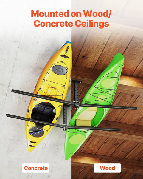 Beefy Ceiling Kayak Rack For Two Kayaks Up To 250 Lbs Heavy Duty Adjustable Overhead Garage Hanger mounted with kayaks on concrete and wood ceilings.