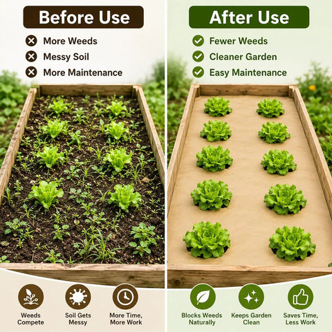 Biodegradable Paper Weed Barrier 2 Pack 100 Feet Each For Garden And Lawn No Fuss Landscape Fabric Before and After Use