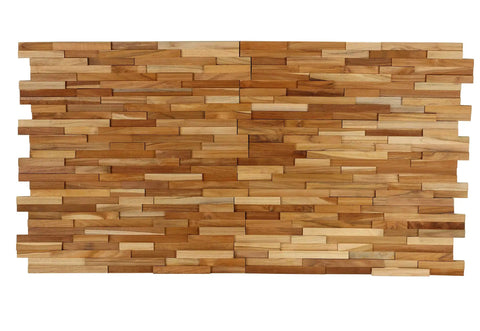 EZ-Wall 3D Teak Mosaic Tiles Mesh-Backed Wall Panels Natural Finish DIY Install Set Of 10 Tiles Each 21.5 X 8.25 Inches Depth 1/2 To 3/4 Inch Covers About 40 X 46 Inches Warm Rustic Teak Look showing the detailed teak texture.