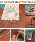 All In One Leatherworking Tool Kit With Cutting Mats Apron Stamping Engraving Punching Sewing And Sanding Tools Set with stamps and mats