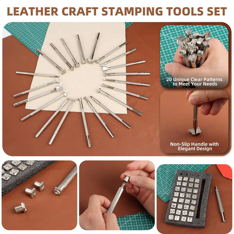 All In One Leatherworking Tool Kit With Cutting Mats Apron Stamping Engraving Punching Sewing And Sanding Tools Set with stamps and mats