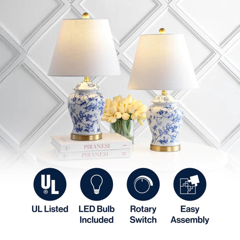 Pair of blue and white ceramic ginger jar table lamps with linen shades, 22 inch tall, on a white table, French country Chinoiserie style.