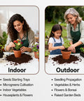 Collage of indoor and outdoor planting with 55 Pack Compressed Coco Coir Pellets For Seed Starting And Indoor Plants.