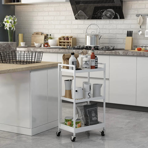 3-Tier Metal Utility Rolling Cart With Lockable Casters For Kitchen Office And Bathroom Storage White in modern kitchen setting