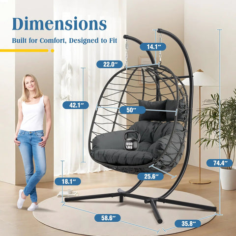 Two Person Foldable Hanging Egg Chair With Stand For Indoor Outdoor Use Wicker Porch Swing Chair Heavy Duty Rattan