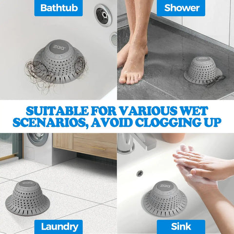 Silicone Collapsible Bathtub Drain Hair Catcher and Protector in use in tub, shower, laundry, and sink preventing clogs and hair snags.