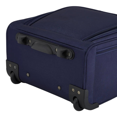 Underseat Carry On Luggage With USB And USB C Ports, 16 Inch Compact Travel Case In Blue Depths showing bottom wheels and handle