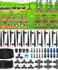 243 Foot Drip Irrigation Kit with Half Inch Hose and Quarter Inch Tubing laid out with adjustable nozzles for gardening systems
