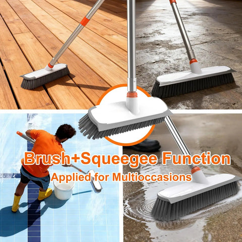 Mean 2 In 1 Deck Scrub Brush With Long Handle Heavy Duty Floor Cleaner Scrubber With Stiff Bristles And Built In Squeegee