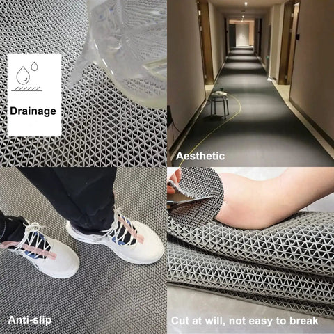 Commercial Drainage Mat Non Slip Floor Mat 3x10 Ft 0.22 Inch Thick shown with water drainage, installation, cutting, and slip resistance.