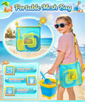 Child holding a blue collapsible bucket with sand, wearing portable mesh bag from Ultimate 24 Piece Beach Toys Set For Kids Ages 3 To 10.