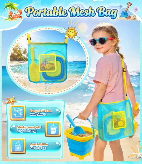 Child holding a blue collapsible bucket with sand, wearing portable mesh bag from Ultimate 24 Piece Beach Toys Set For Kids Ages 3 To 10.