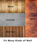 Image showing four wall types: wood, concrete, brick, and wall stud with labeled text "Fit Many Kinds of Wall".