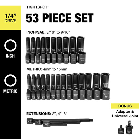 Go-To 53-Piece 1/4 Inch Drive Impact Socket Set With SAE And Metric Sizes From 3/16 To 9/16 Inch 4mm To 15mm displayed with extensions