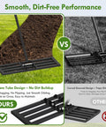 Comparison of lawn leveling rake with 6.5 foot stainless steel handle, showing no dirt buildup versus grooved design racks dirt