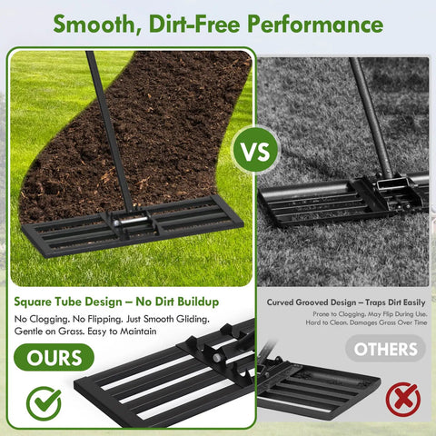 Comparison of lawn leveling rake with 6.5 foot stainless steel handle, showing no dirt buildup versus grooved design racks dirt